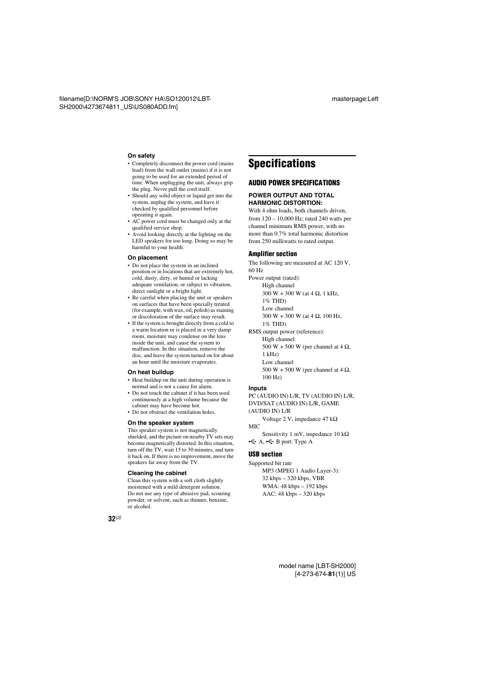 Specifications | Sony LBT-SH2000 User Manual | Page 32 / 72