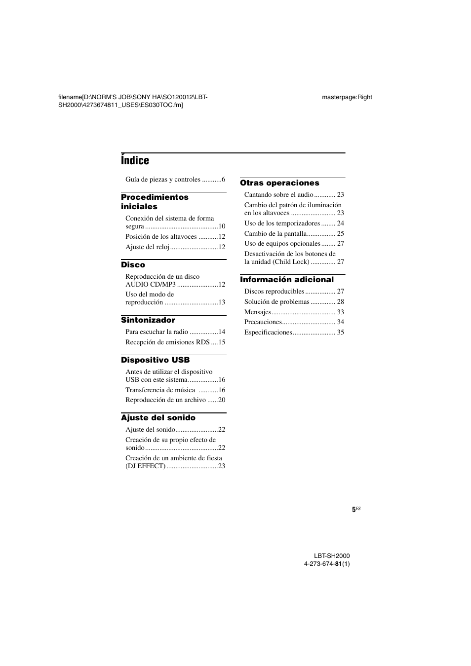 Índice | Sony LBT-SH2000 User Manual | Page 37 / 72