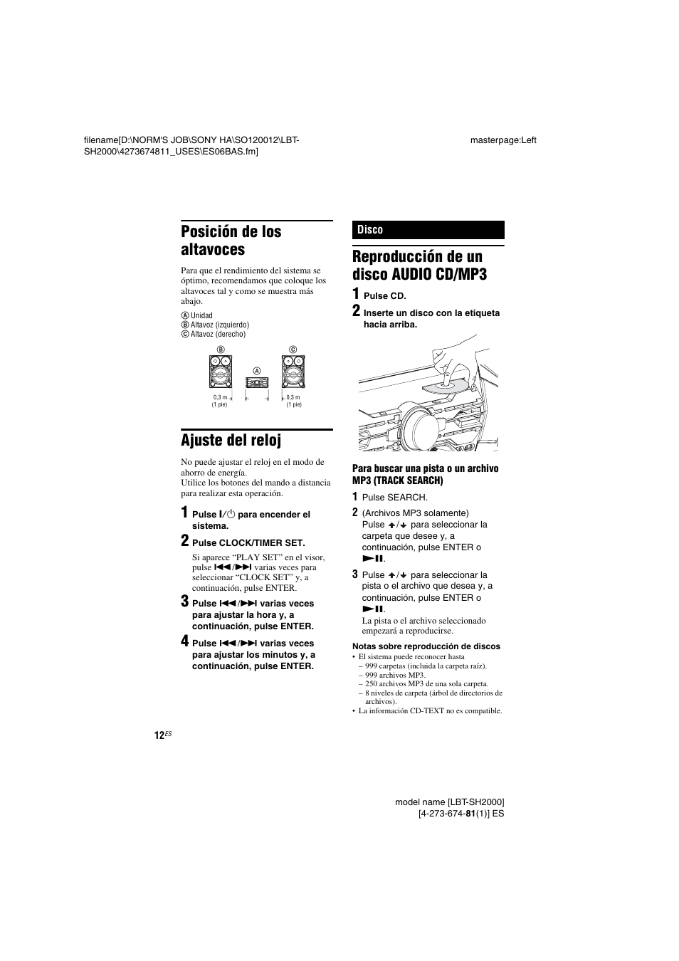 Posición de los altavoces, Ajuste del reloj, Disco | Reproducción de un disco audio cd/mp3, Reproducción de un disco audio cd/mp3 1 | Sony LBT-SH2000 User Manual | Page 44 / 72