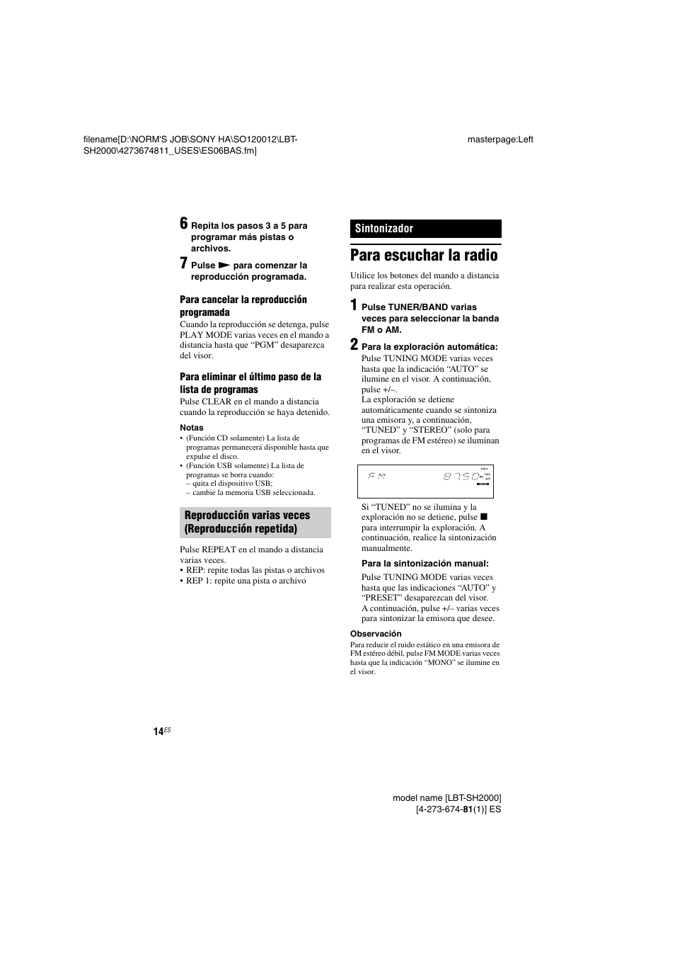 Sintonizador, Para escuchar la radio | Sony LBT-SH2000 User Manual | Page 46 / 72