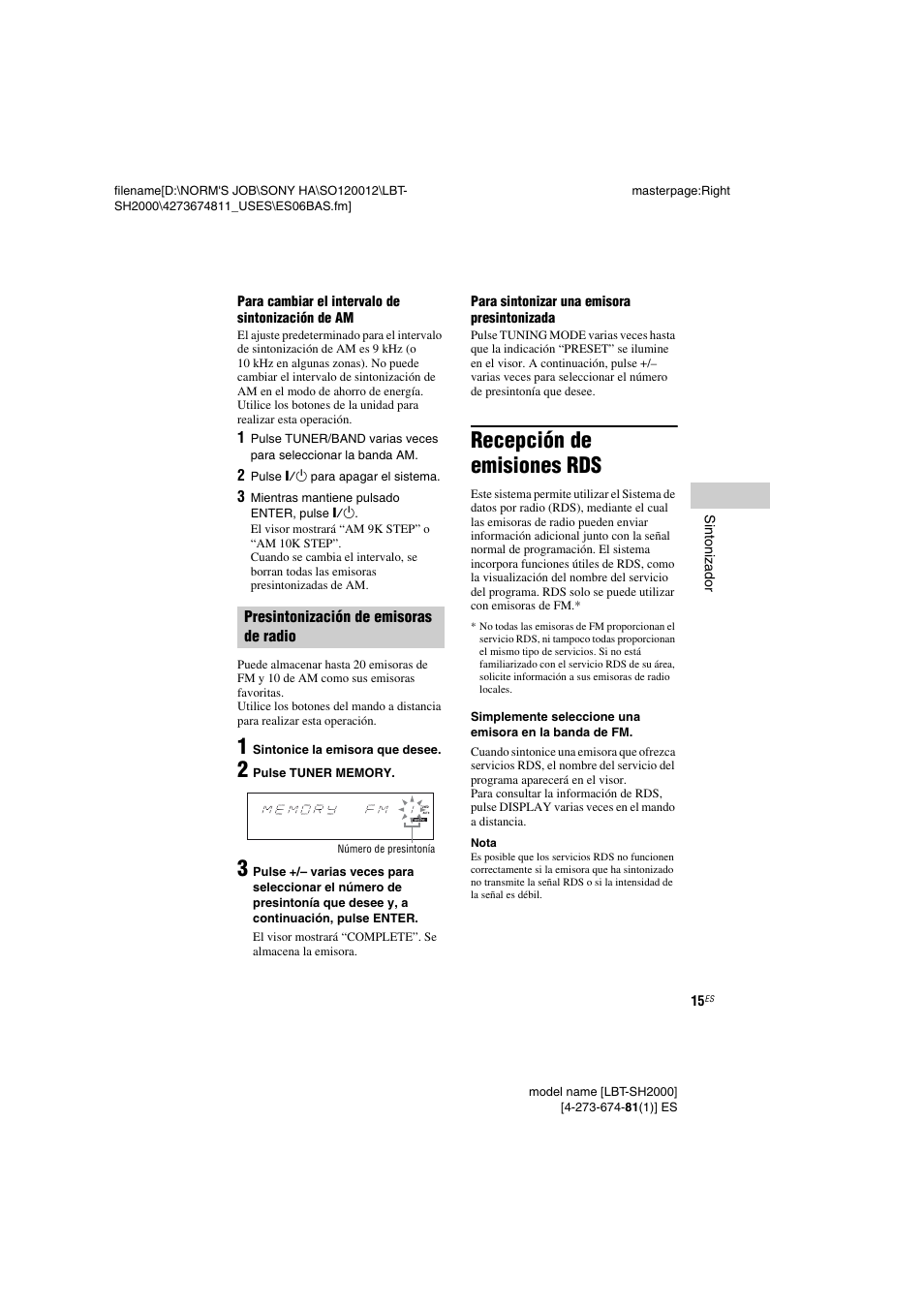 Recepción de emisiones rds | Sony LBT-SH2000 User Manual | Page 47 / 72