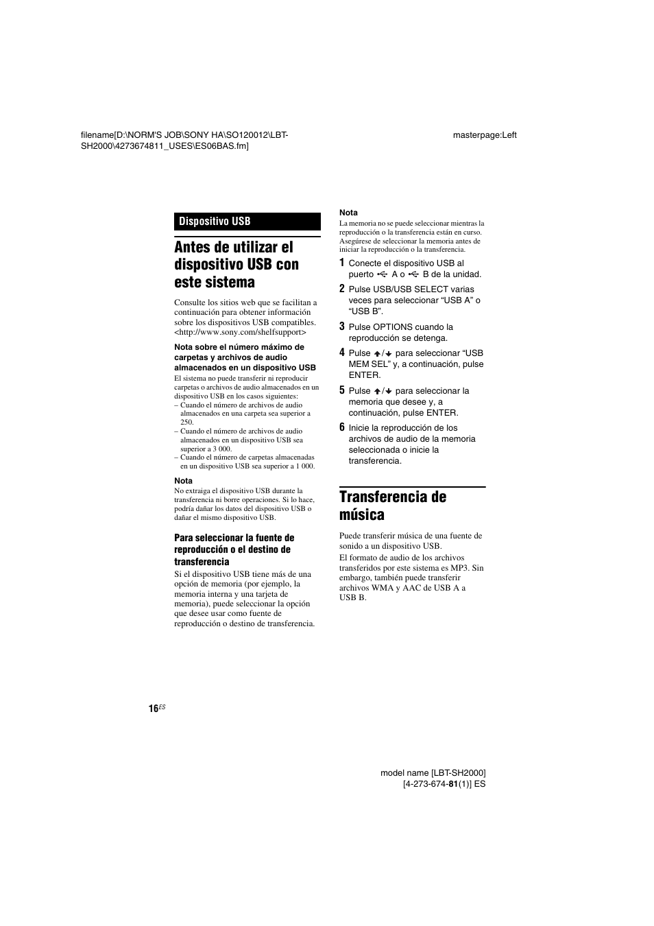 Dispositivo usb, Transferencia de música | Sony LBT-SH2000 User Manual | Page 48 / 72