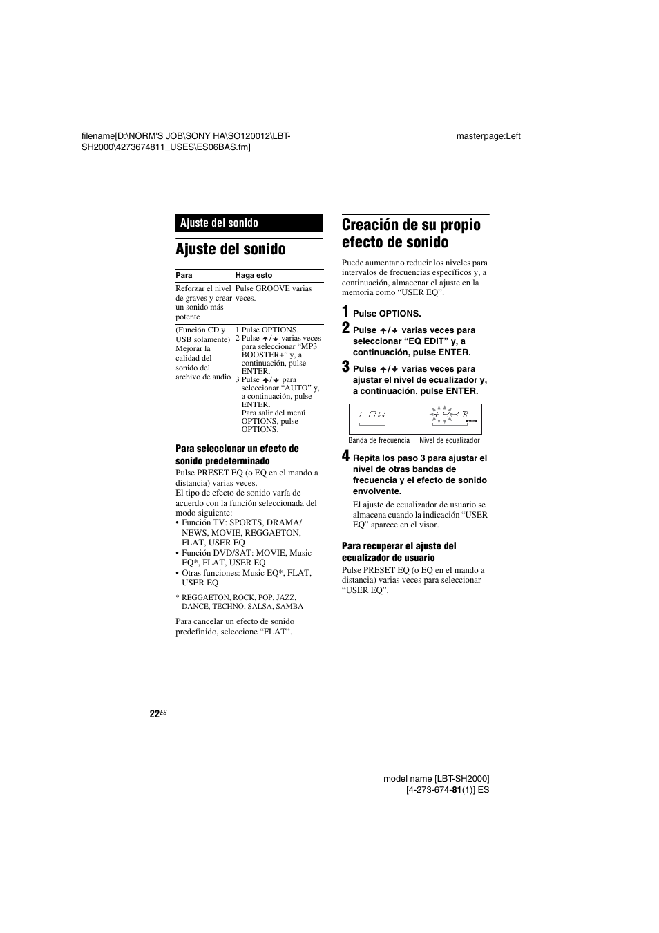 Ajuste del sonido, Creación de su propio efecto de sonido | Sony LBT-SH2000 User Manual | Page 54 / 72