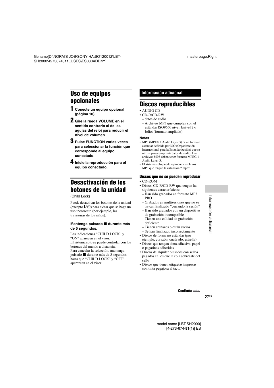 Uso de equipos opcionales, Información adicional, Discos reproducibles | Uso de equipos opcionales 1, Desactivación de los botones de la unidad | Sony LBT-SH2000 User Manual | Page 59 / 72