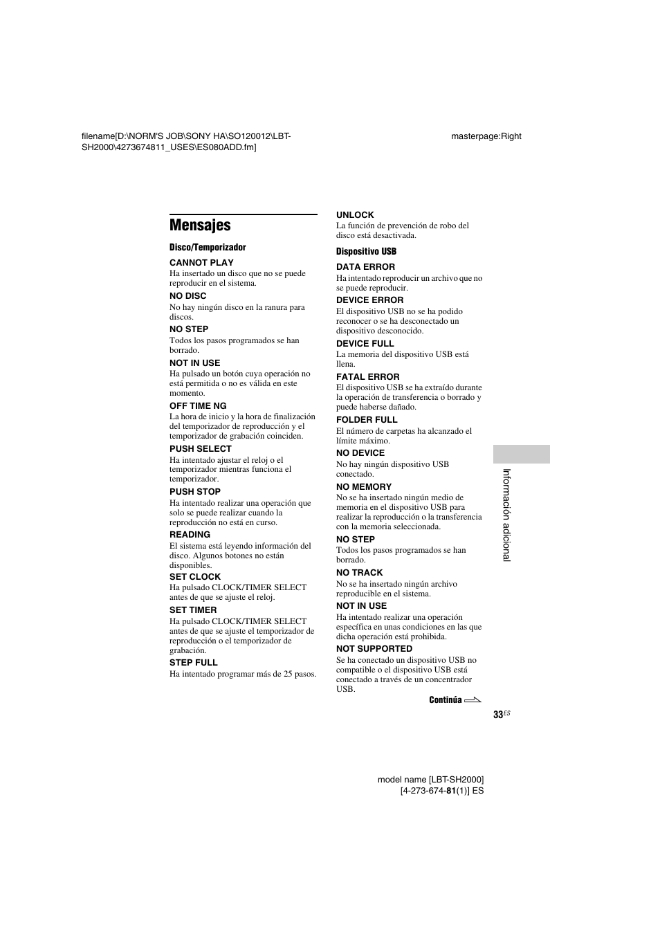 Mensajes | Sony LBT-SH2000 User Manual | Page 65 / 72