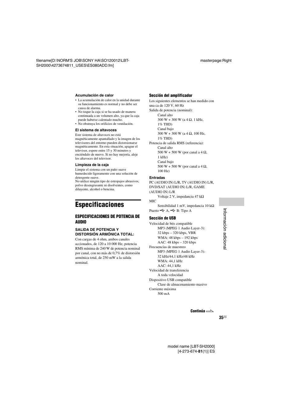 Especificaciones | Sony LBT-SH2000 User Manual | Page 67 / 72