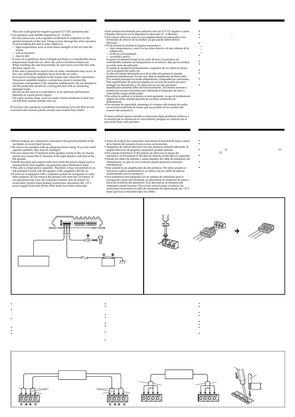 Connections, Conexiones, Precautions | Caution, Precaución, Advertencia, ˇ¥˛«e | Sony XM-440EX User Manual | Page 3 / 4