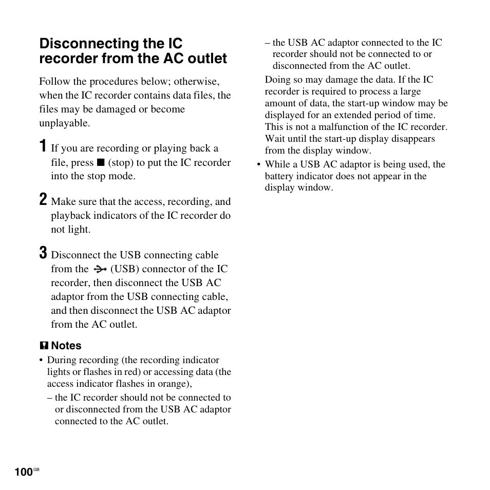 Disconnecting the ic recorder from the ac outlet | Sony ICD-AX412 User Manual | Page 100 / 131