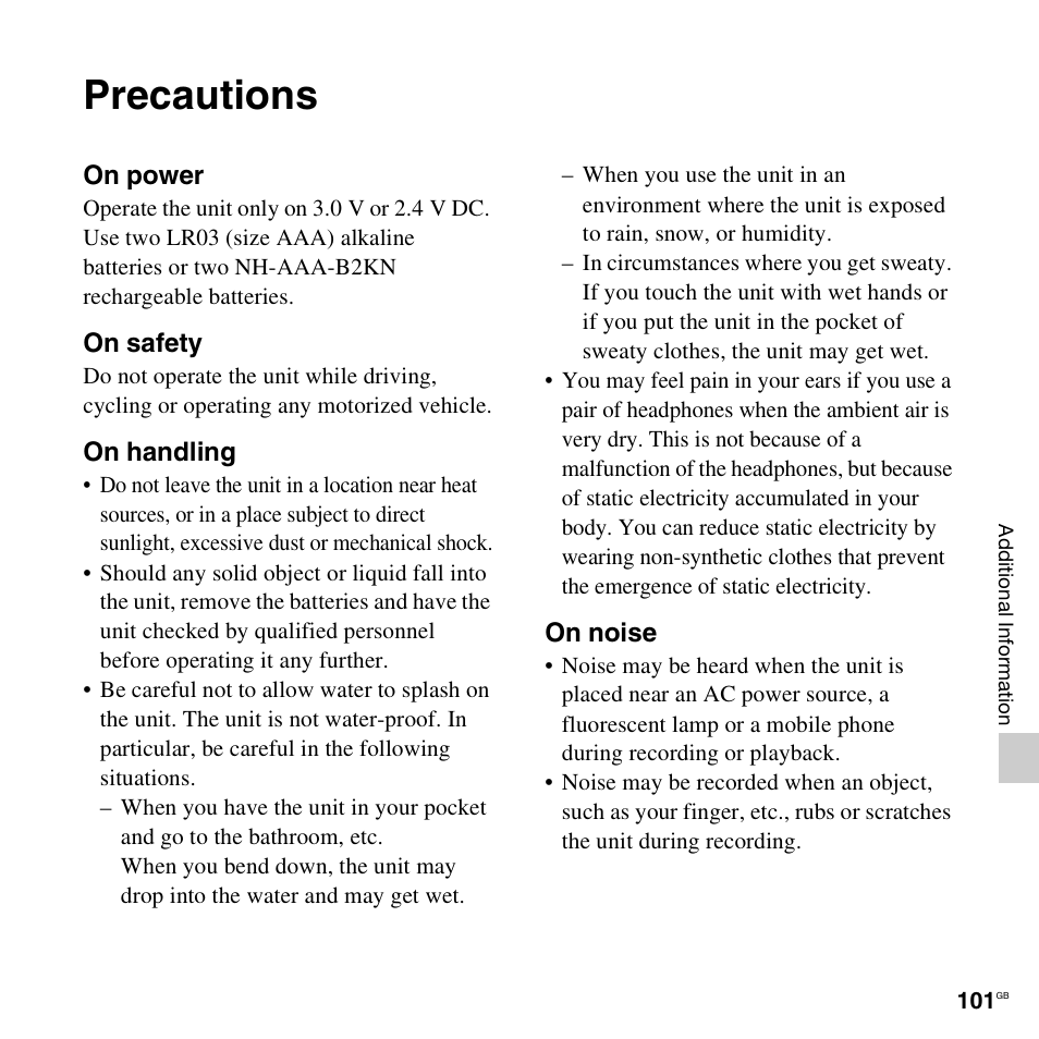 Precautions | Sony ICD-AX412 User Manual | Page 101 / 131