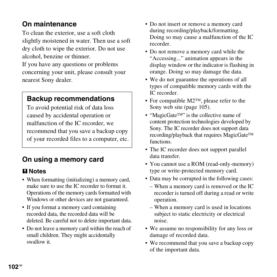 On maintenance, Backup recommendations | Sony ICD-AX412 User Manual | Page 102 / 131