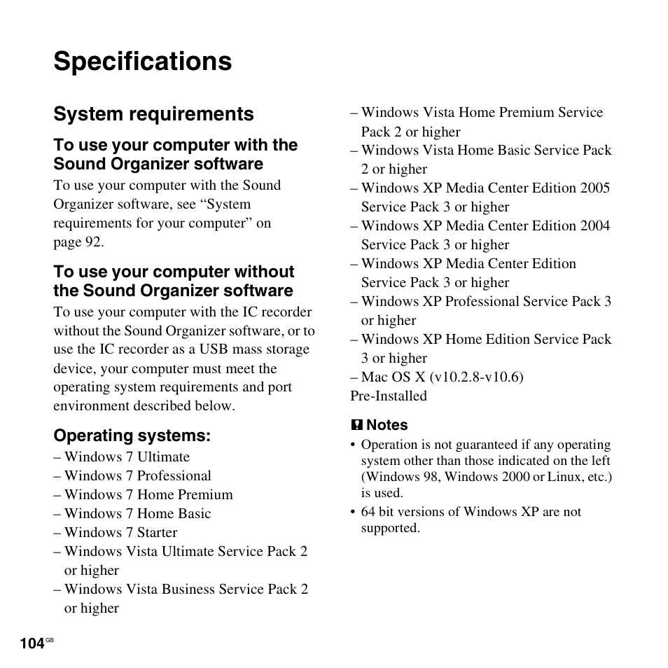 Specifications, System requirements | Sony ICD-AX412 User Manual | Page 104 / 131