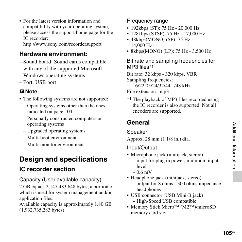 Design and specifications, Hardware environment, General | Sony ICD-AX412 User Manual | Page 105 / 131