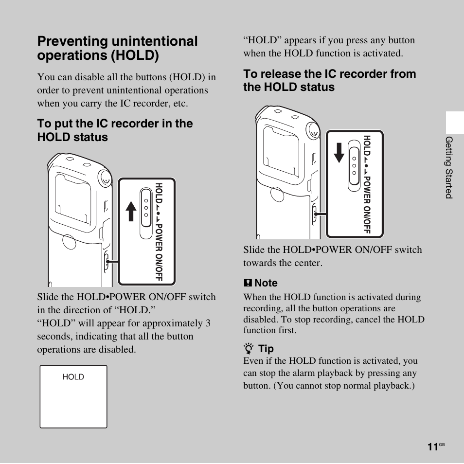 Preventing unintentional operations (hold) | Sony ICD-AX412 User Manual | Page 11 / 131