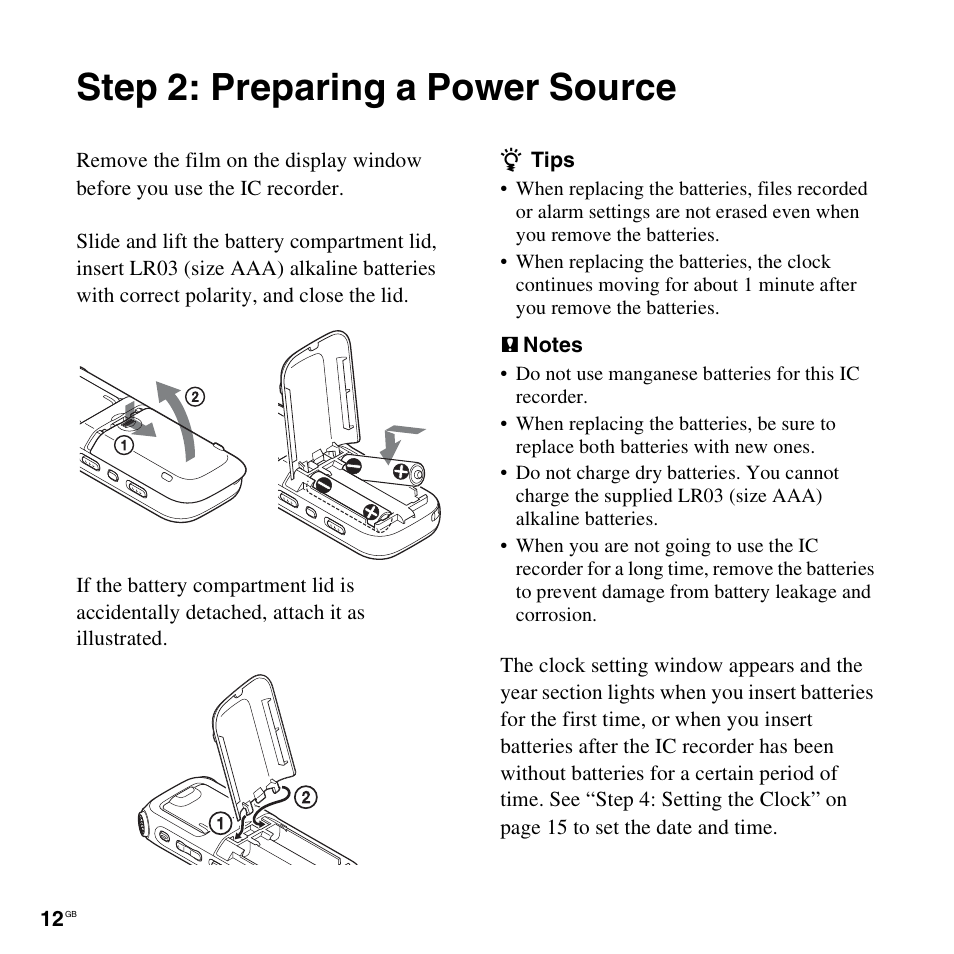 Step 2: preparing a power source | Sony ICD-AX412 User Manual | Page 12 / 131