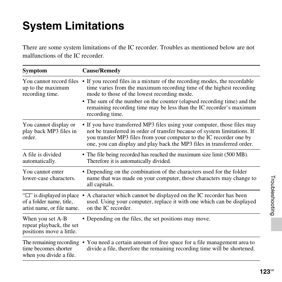 System limitations | Sony ICD-AX412 User Manual | Page 123 / 131