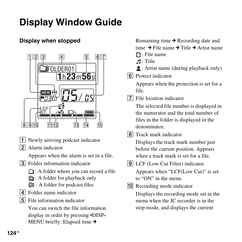 Display window guide | Sony ICD-AX412 User Manual | Page 124 / 131