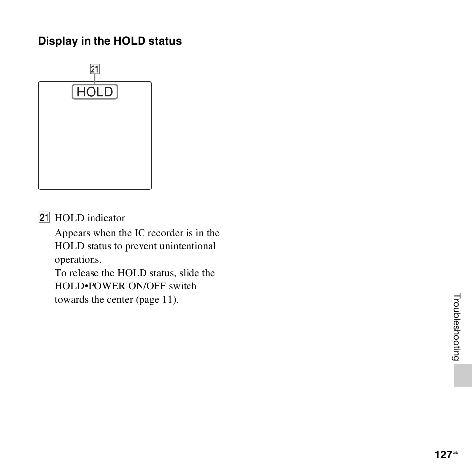 Display in the hold status | Sony ICD-AX412 User Manual | Page 127 / 131