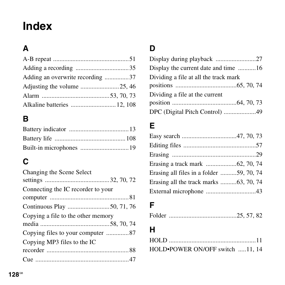 Index | Sony ICD-AX412 User Manual | Page 128 / 131