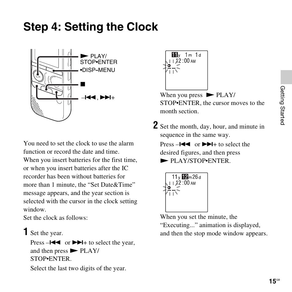 Step 4: setting the clock | Sony ICD-AX412 User Manual | Page 15 / 131