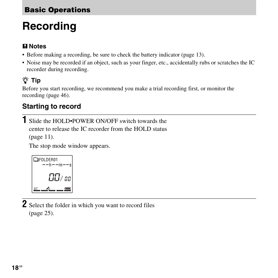 Basic operations, Recording | Sony ICD-AX412 User Manual | Page 18 / 131