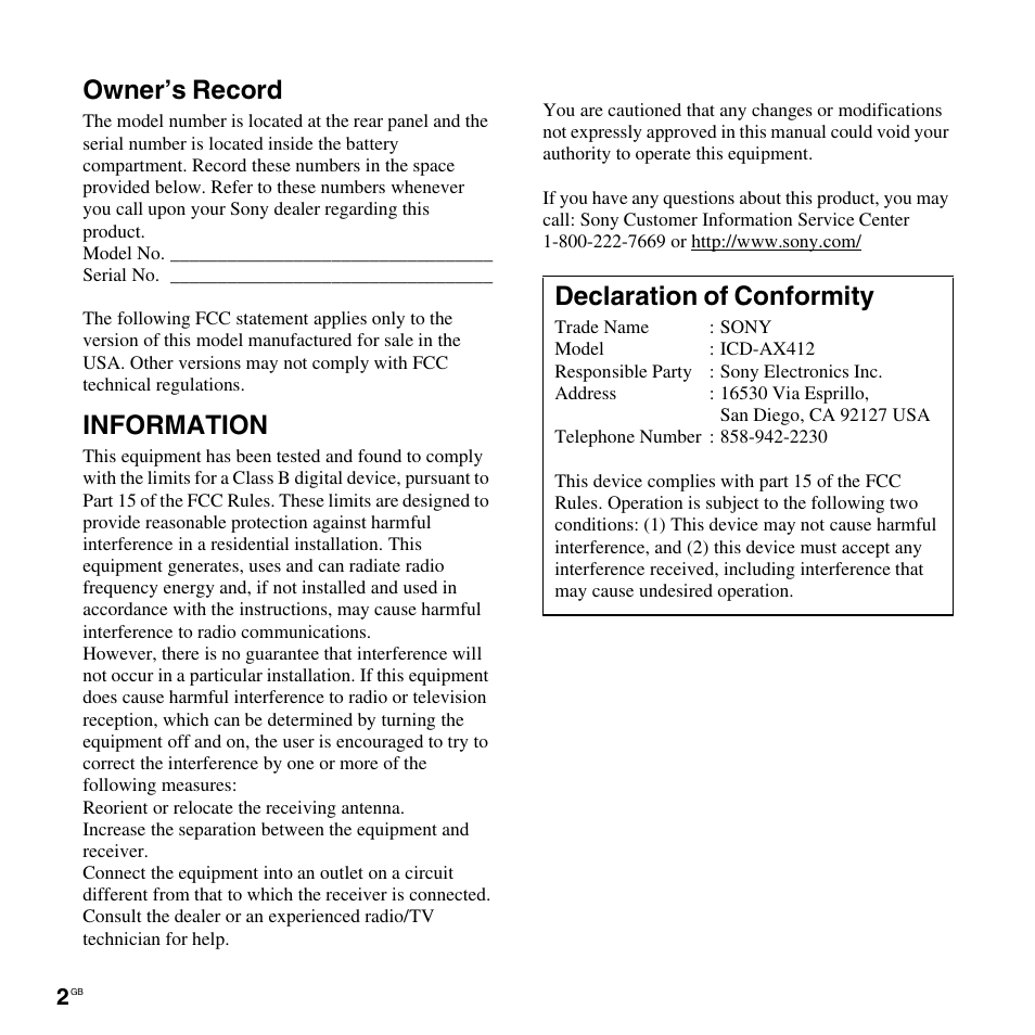 Owner’s record, Information, Declaration of conformity | Sony ICD-AX412 User Manual | Page 2 / 131