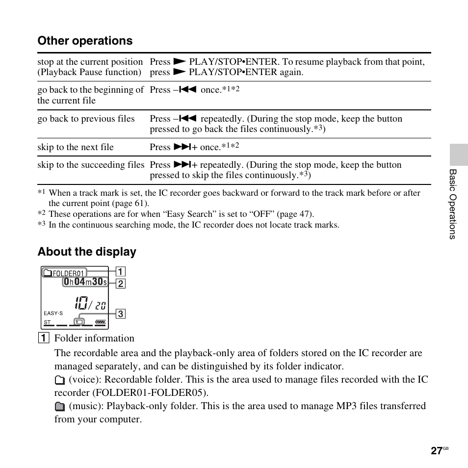 Other operations about the display | Sony ICD-AX412 User Manual | Page 27 / 131