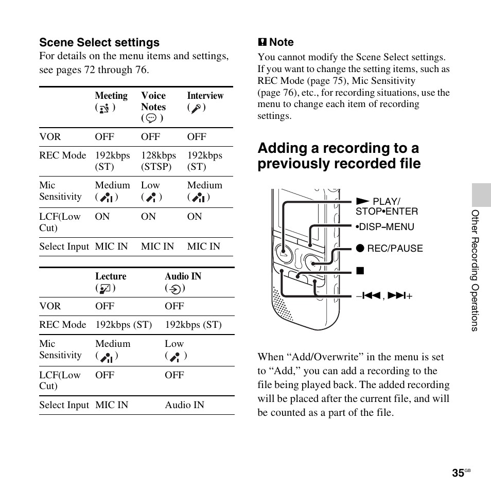 Adding a recording to a previously recorded file | Sony ICD-AX412 User Manual | Page 35 / 131