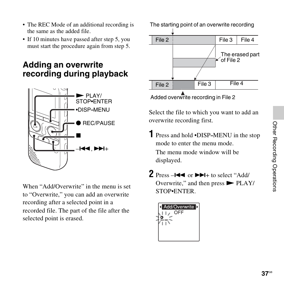 Adding an overwrite recording during playback | Sony ICD-AX412 User Manual | Page 37 / 131