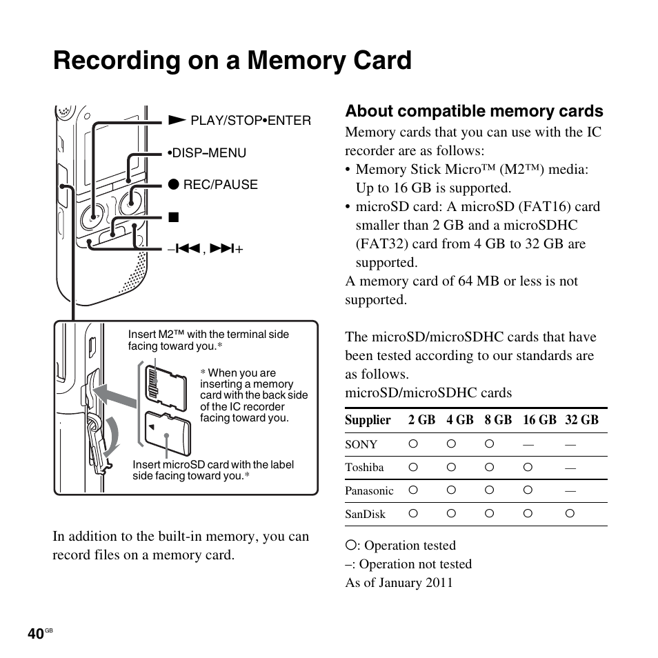 Recording on a memory card | Sony ICD-AX412 User Manual | Page 40 / 131