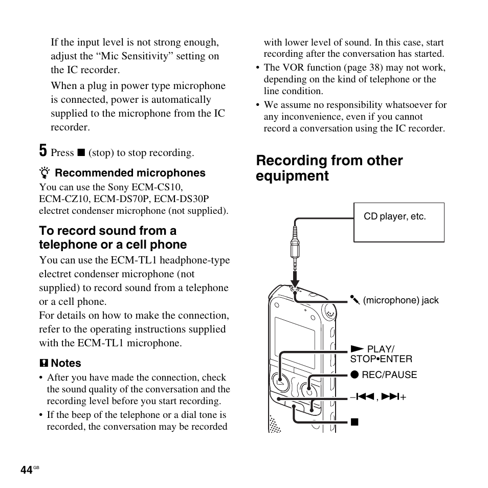 Recording from other equipment | Sony ICD-AX412 User Manual | Page 44 / 131