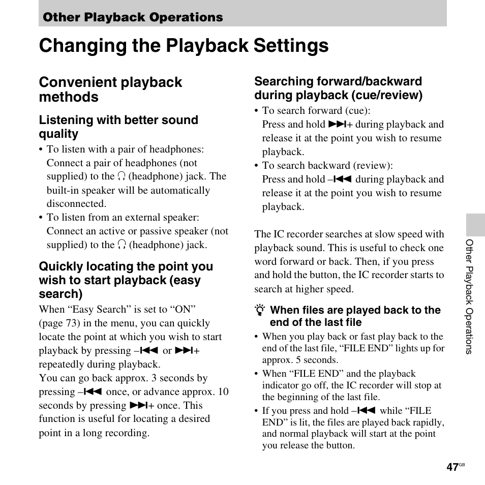 Other playback operations, Changing the playback settings, Convenient playback methods | Sony ICD-AX412 User Manual | Page 47 / 131