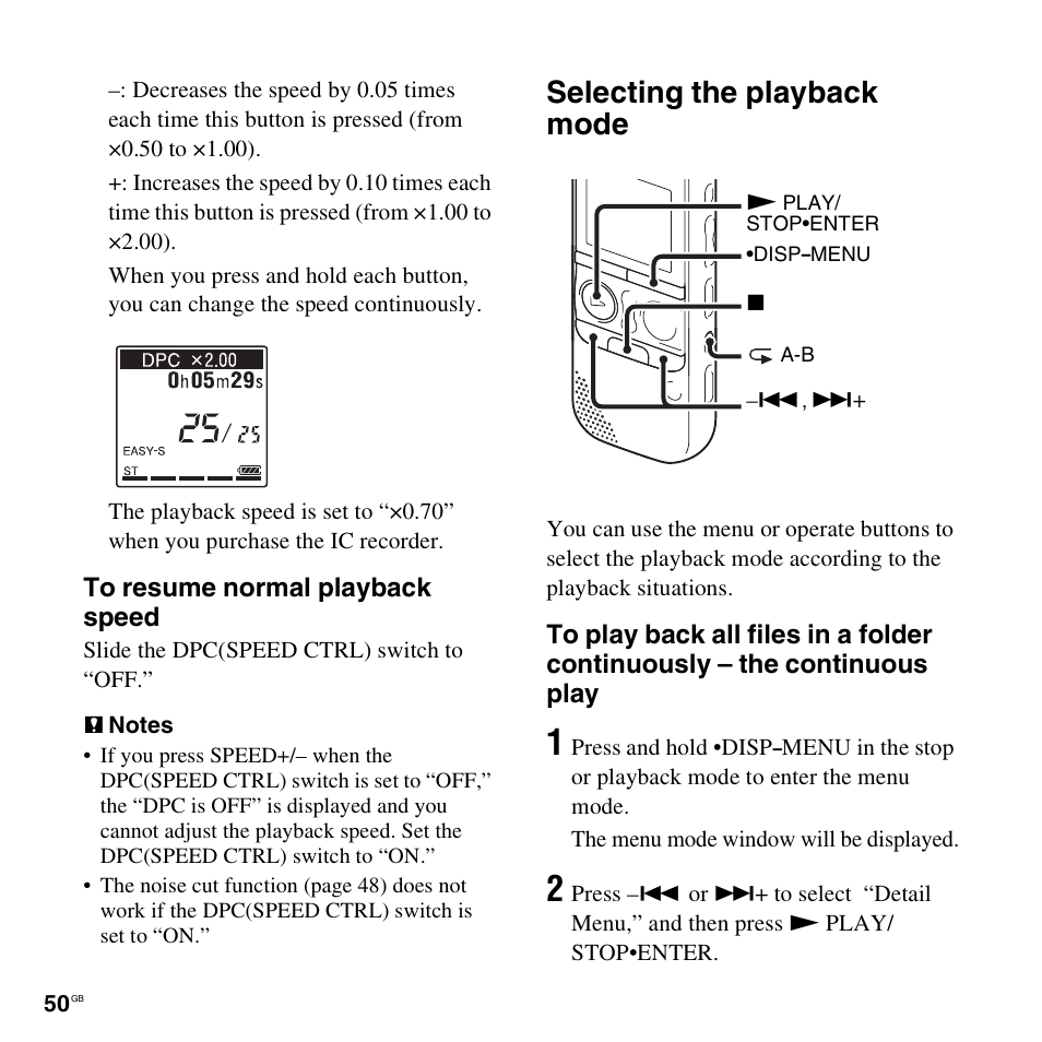 Selecting the playback mode | Sony ICD-AX412 User Manual | Page 50 / 131