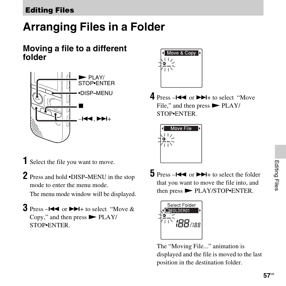 Editing files, Arranging files in a folder, Moving a file to a different folder | Sony ICD-AX412 User Manual | Page 57 / 131