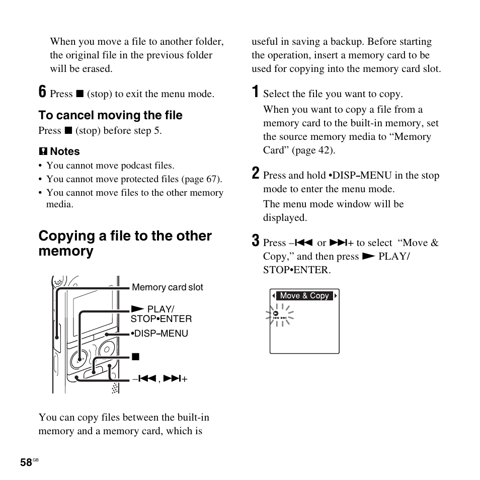 Copying a file to the other memory | Sony ICD-AX412 User Manual | Page 58 / 131