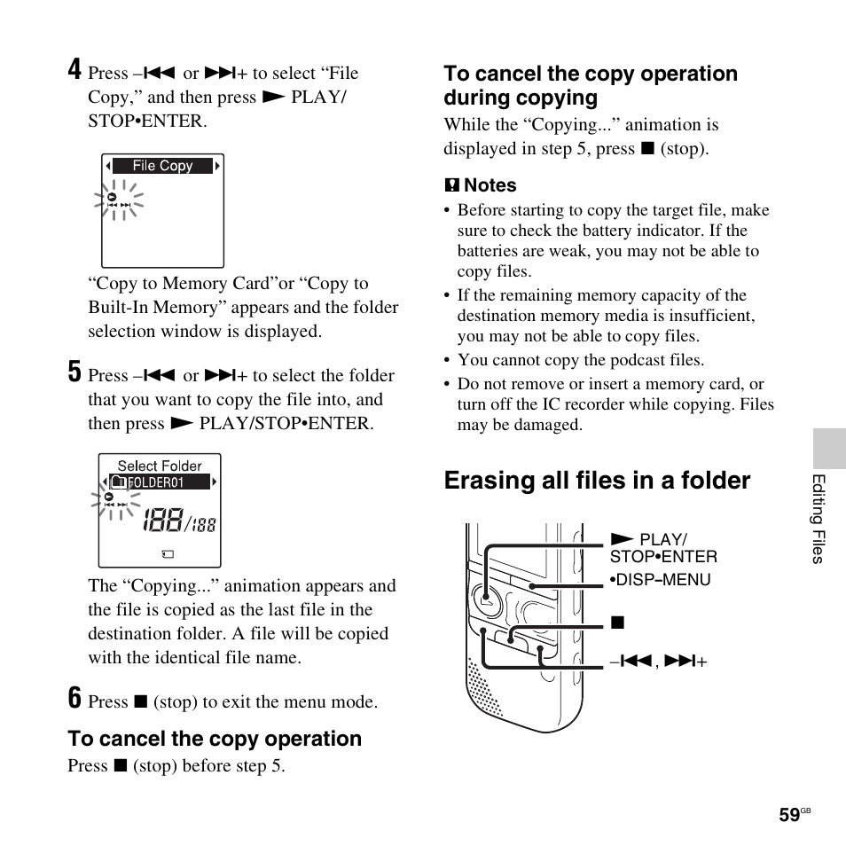 Erasing all files in a folder | Sony ICD-AX412 User Manual | Page 59 / 131