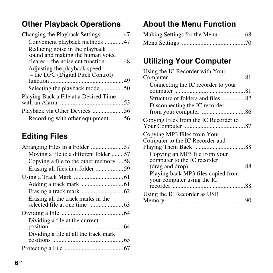 Other playback operations, Editing files, About the menu function | Utilizing your computer | Sony ICD-AX412 User Manual | Page 6 / 131