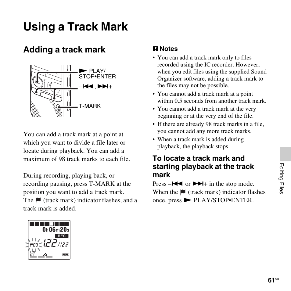 Using a track mark, Adding a track mark | Sony ICD-AX412 User Manual | Page 61 / 131