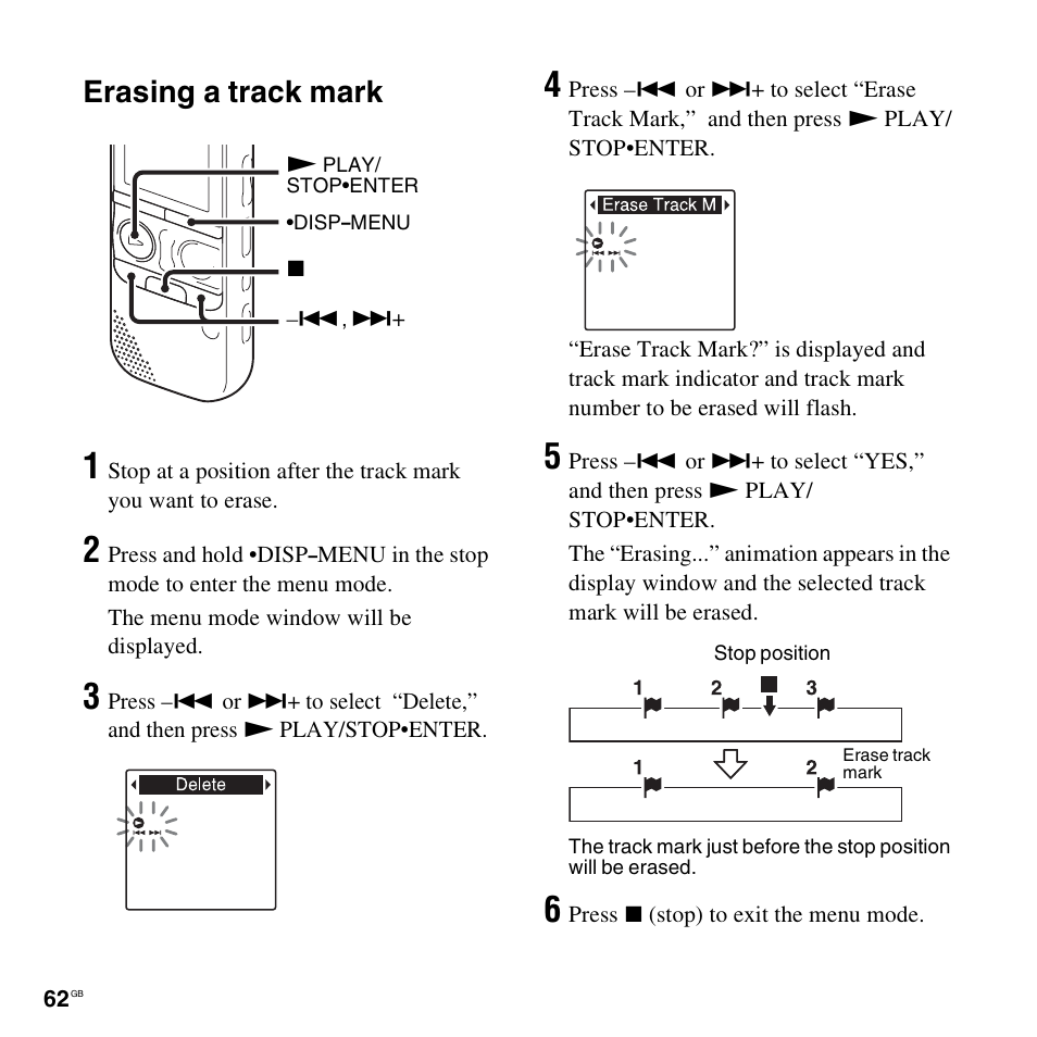 Erasing a track mark | Sony ICD-AX412 User Manual | Page 62 / 131