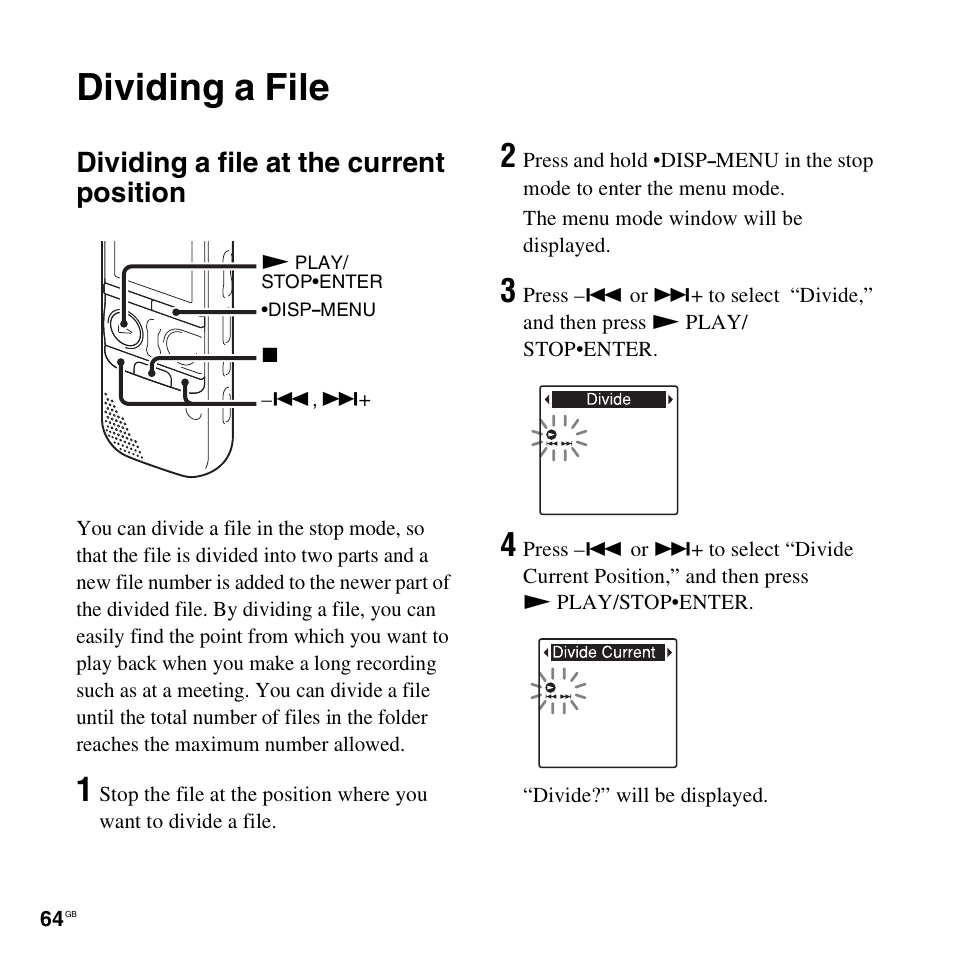 Dividing a file, Dividing a file at the current position | Sony ICD-AX412 User Manual | Page 64 / 131