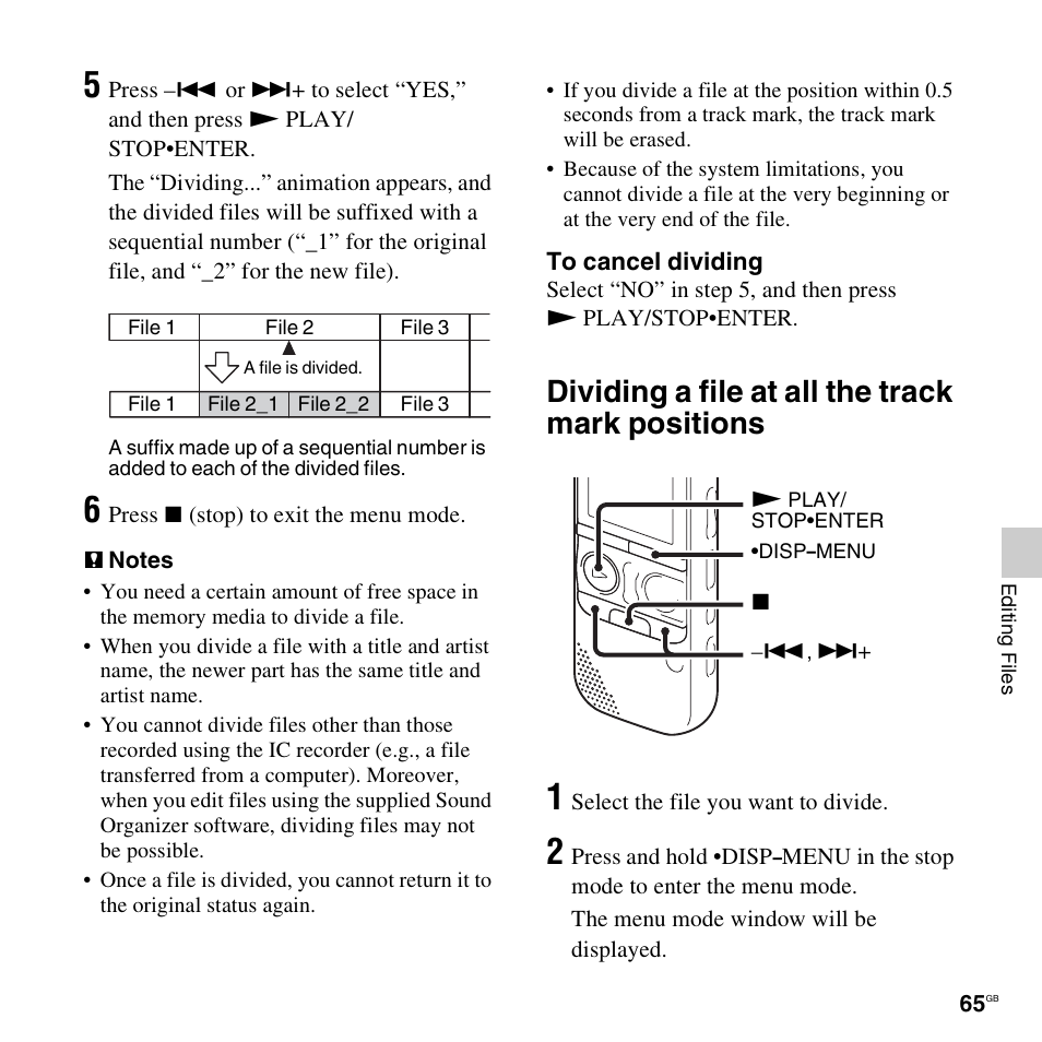 Dividing a file at all the track mark positions | Sony ICD-AX412 User Manual | Page 65 / 131