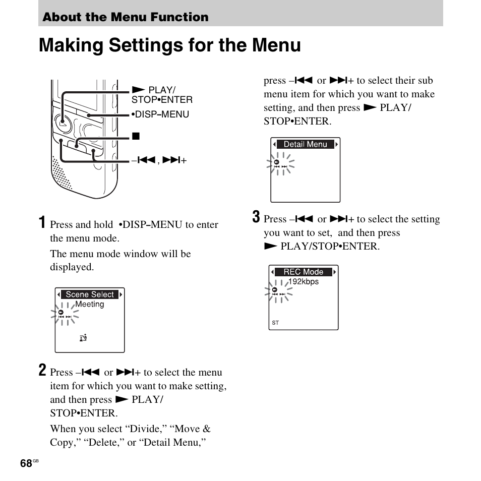 About the menu function, Making settings for the menu | Sony ICD-AX412 User Manual | Page 68 / 131