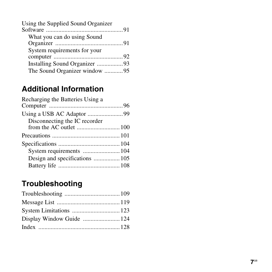 Additional information, Troubleshooting | Sony ICD-AX412 User Manual | Page 7 / 131