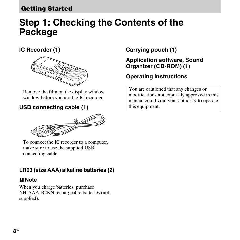 Tting started, Step 1: checking the contents of the package | Sony ICD-AX412 User Manual | Page 8 / 131