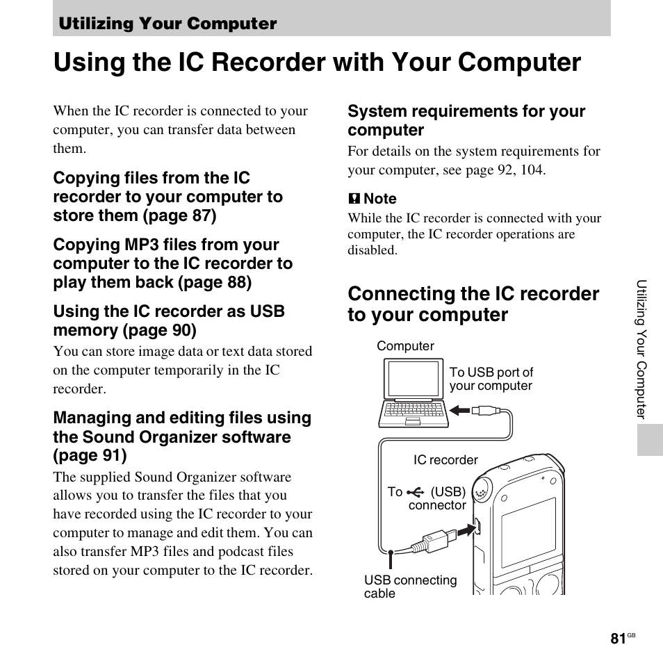 Utilizing your computer, Using the ic recorder with your computer, Connecting the ic recorder to your computer | System requirements for your computer | Sony ICD-AX412 User Manual | Page 81 / 131