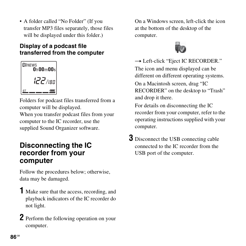 Disconnecting the ic recorder from your computer | Sony ICD-AX412 User Manual | Page 86 / 131