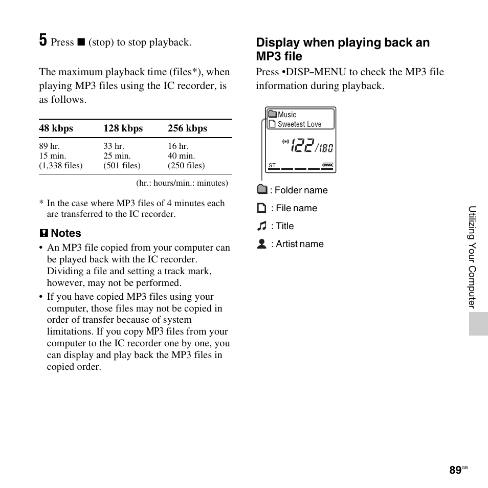 Display when playing back an mp3 file | Sony ICD-AX412 User Manual | Page 89 / 131