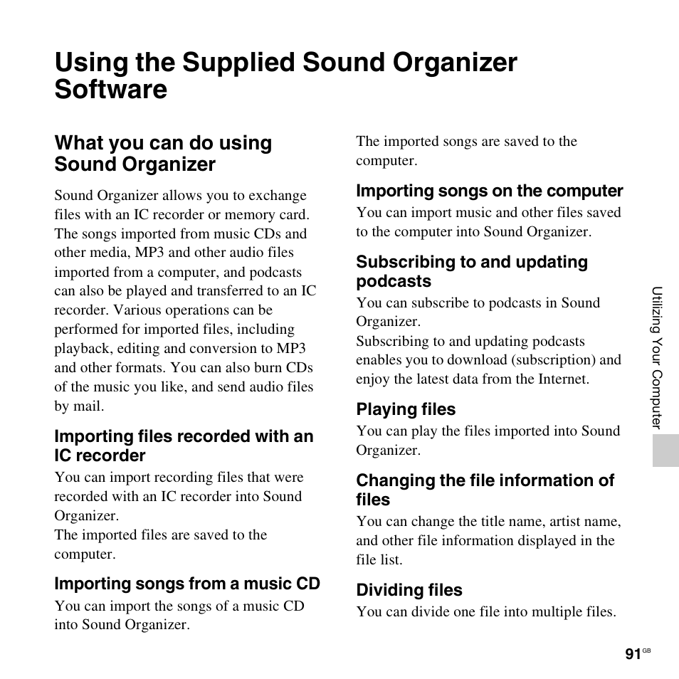 Using the supplied sound organizer software, What you can do using sound organizer | Sony ICD-AX412 User Manual | Page 91 / 131