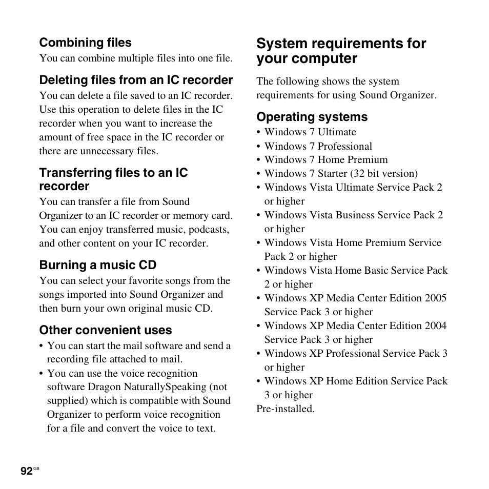 System requirements for your computer | Sony ICD-AX412 User Manual | Page 92 / 131