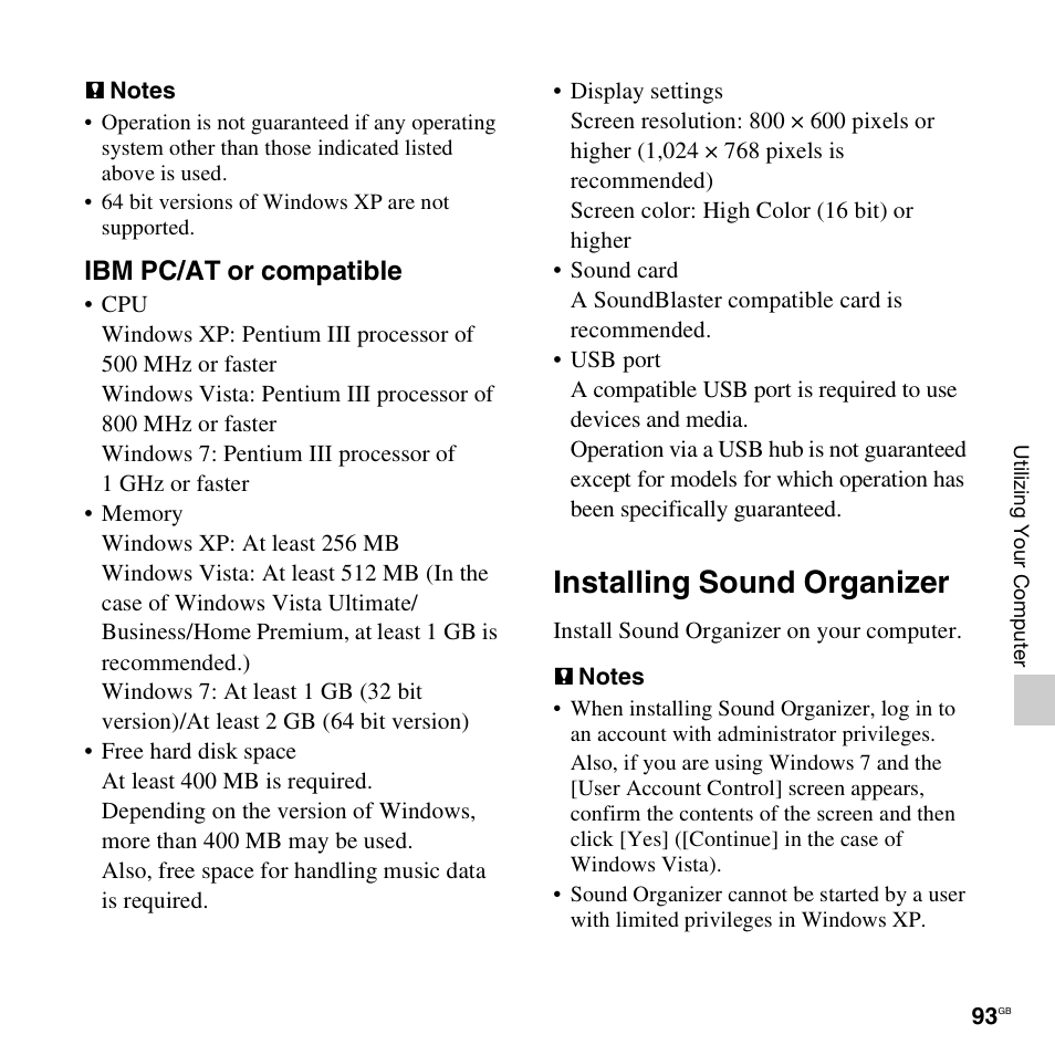 Installing sound organizer, Ibm pc/at or compatible | Sony ICD-AX412 User Manual | Page 93 / 131