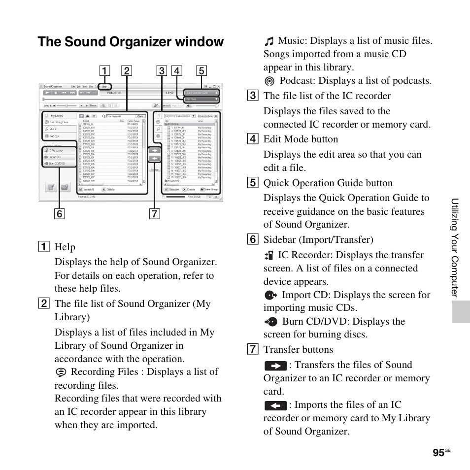 The sound organizer window | Sony ICD-AX412 User Manual | Page 95 / 131